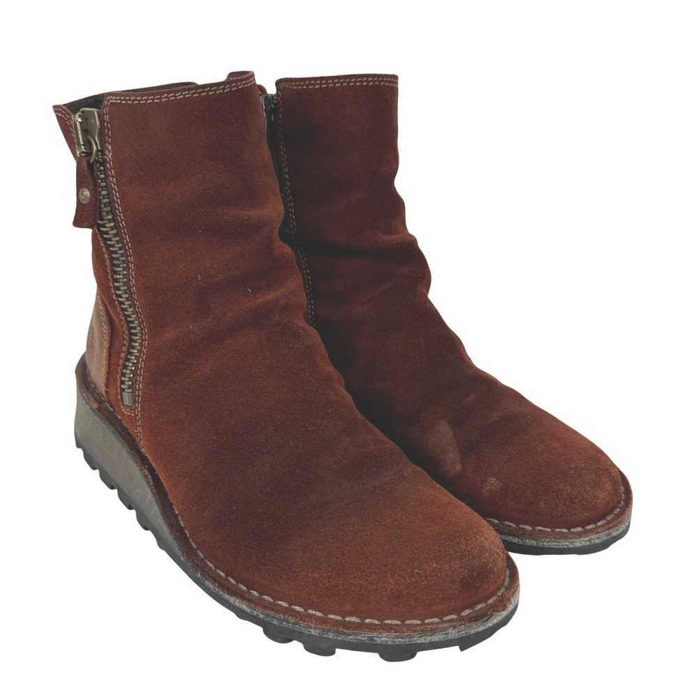 Fly London Mong Brick Red Suede Leather‎ Wedge Ankle Boots EU 38 US 7-7.5